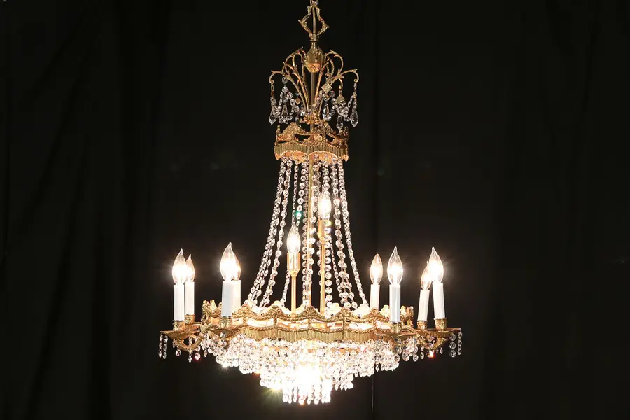 Photo of Regency Style Vintage 16 Light Bronze Chandelier, Strass Crystal Prisms