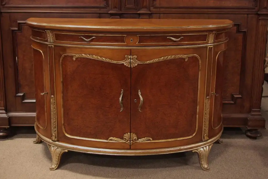 Photo of Art Deco Cherry and Burl Demilune Half Round Cabinet