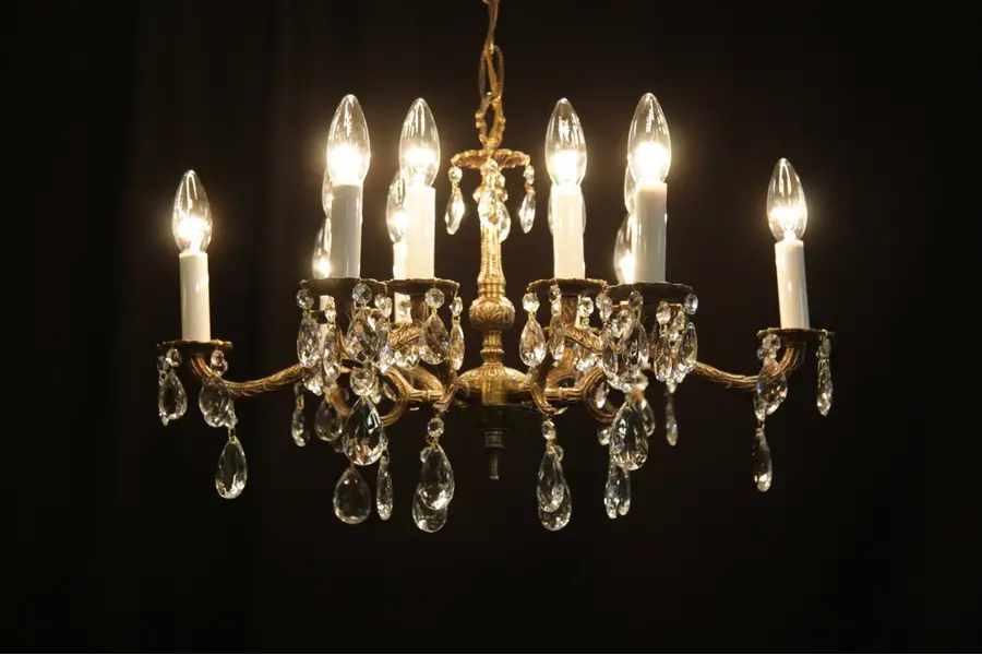 Photo of Brass Chandelier Ceiling Fixture, 12 Candles, Prisms