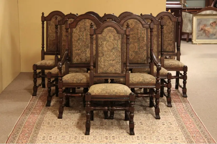 Photo of Set of 10 Carved English Country Oak Dining Chairs