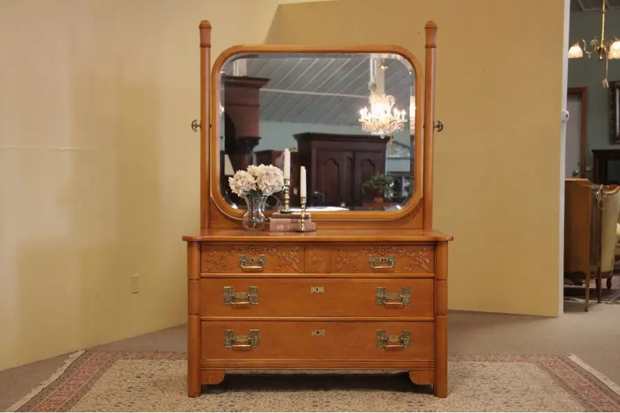 Photo of Birdseye Maple Dresser or Chest, Beveled Mirror 1900
