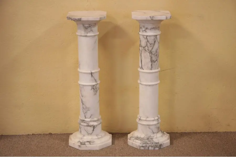 Photo of Pair of White Marble Columns, Stands or Pedestals