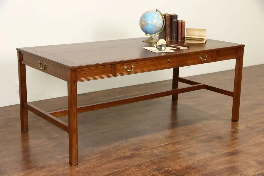 Photo of Oak Vintage Library Table or Writing Desk, Signed Alex Stuart of Cal.