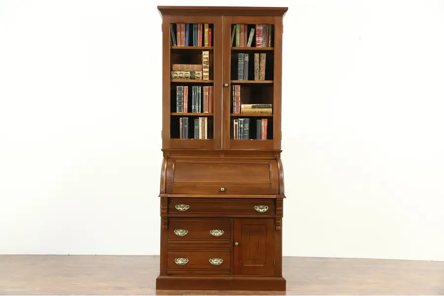 Photo of Victorian 1890 Antique Walnut Cylinder Roll Top Secretary Desk & Bookcase