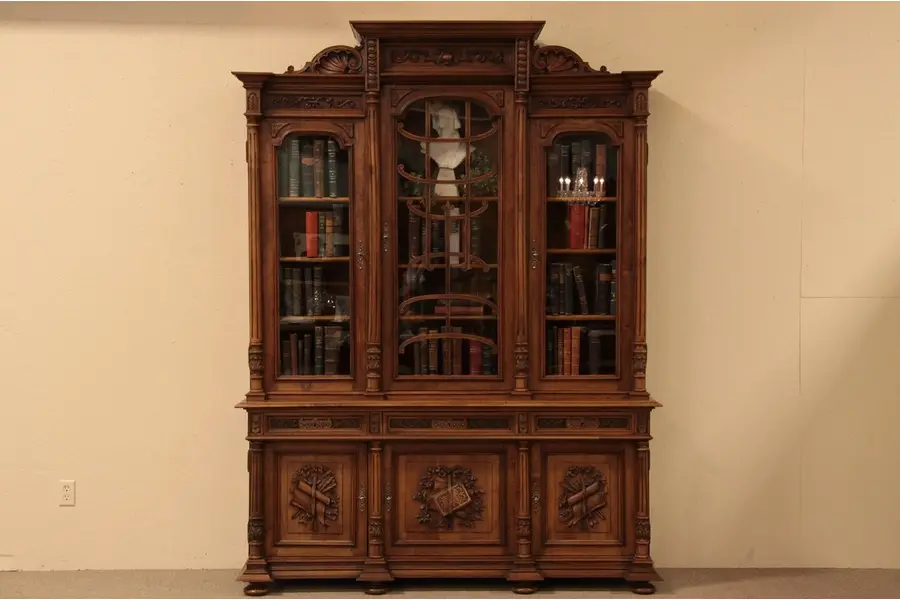 Photo of Victorian Carved Antique Triple Bookcase or China