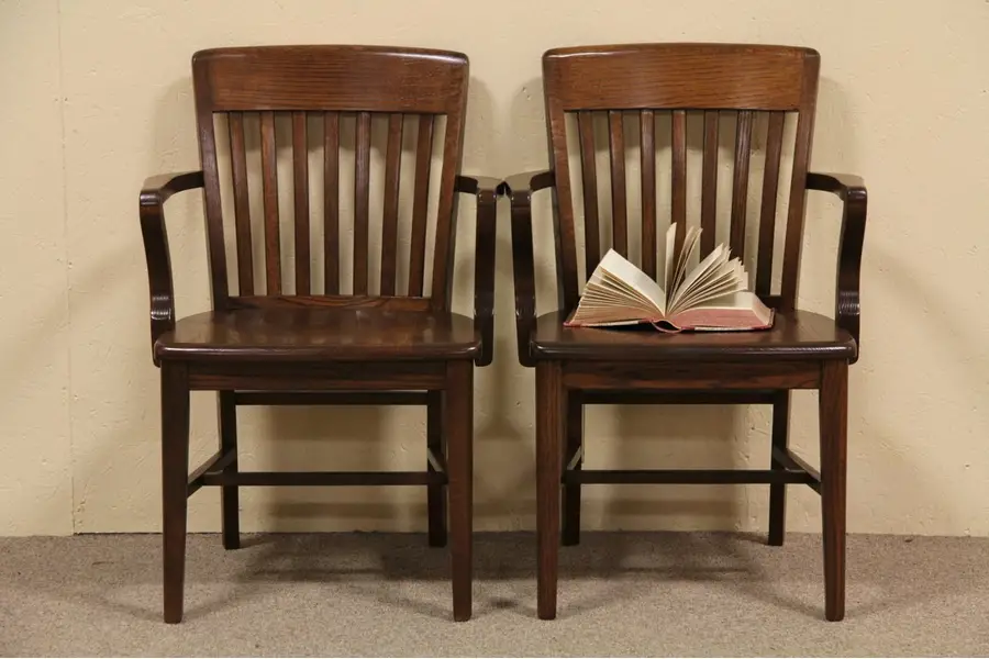Photo of Pair Oak Antique Bank Armchairs