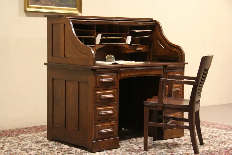 Photo of Oak 1900 Antique S Curve Roll Top Desk, File Drawer