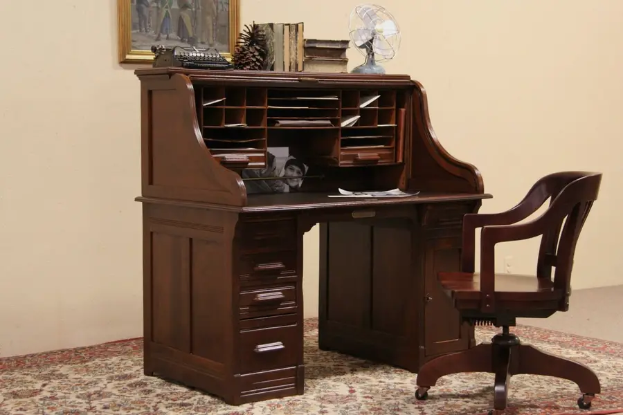 Photo of Tyler St. Louis 1890 Antique Walnut Roll Top Desk, Leather Top