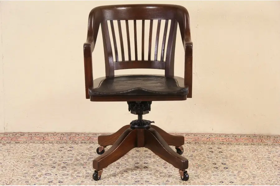 Photo of Milwaukee 1914 Pat. Antique Oak & Leather Swivel Adjustable Desk Chair