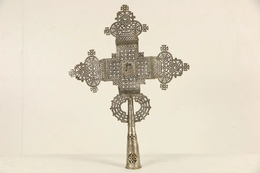 Photo of Ethiopian Coptic Orthodox Processional Cross, Hand Made Brass & Nickel