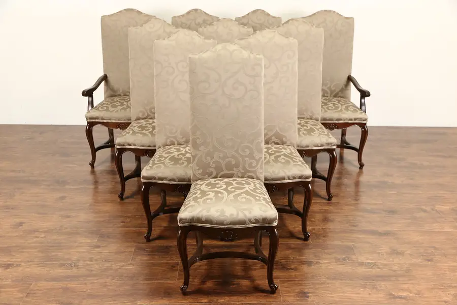 Photo of Set of 10 Country French Oak Vintage Dining Chairs byCouncill, New Upholstery