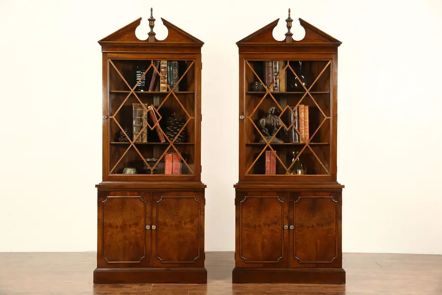 Photo of Pair Traditional 1940's Vintage Corner Cabinets, Glass Doors & Grills