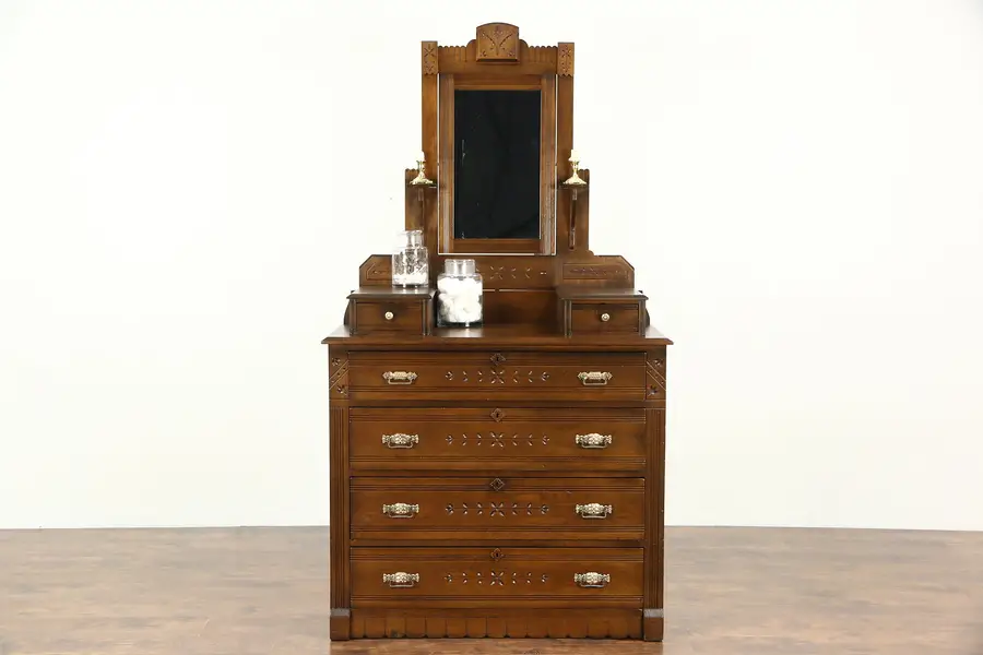 Photo of Victorian Eastlake Antique 1880 Spoon Carved Chest or Dresser, Butternut