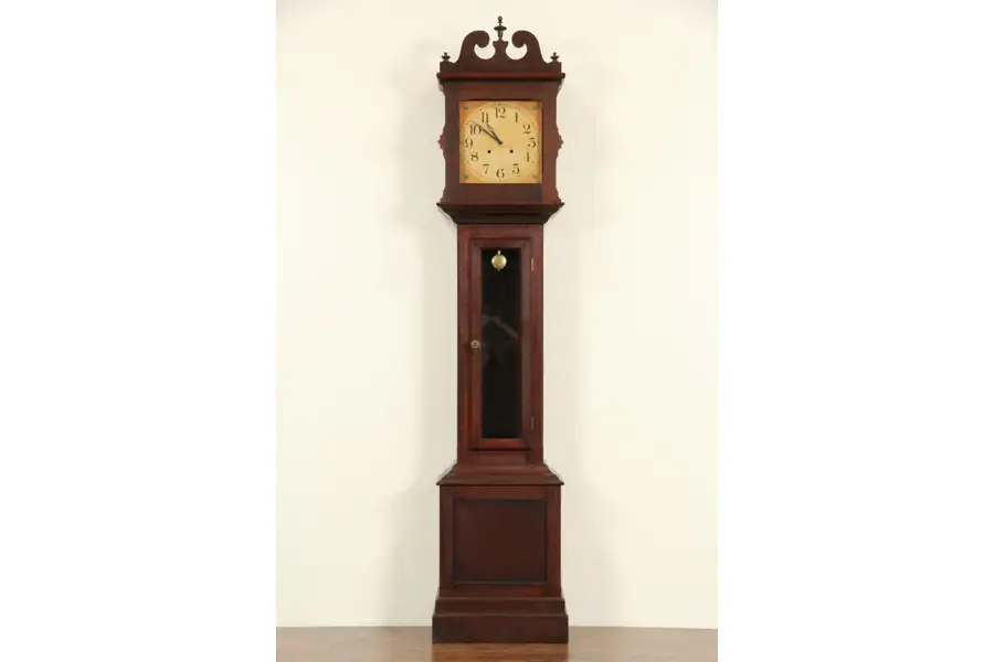 Photo of Ithaca Cherry Antique 1910 Grandfather Tall Case Clock, Quartz Battery Movement