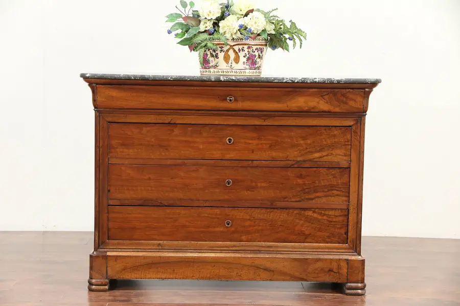 Photo of French Walnut Antique 1840 Linen Chest or Dresser, Marble Top