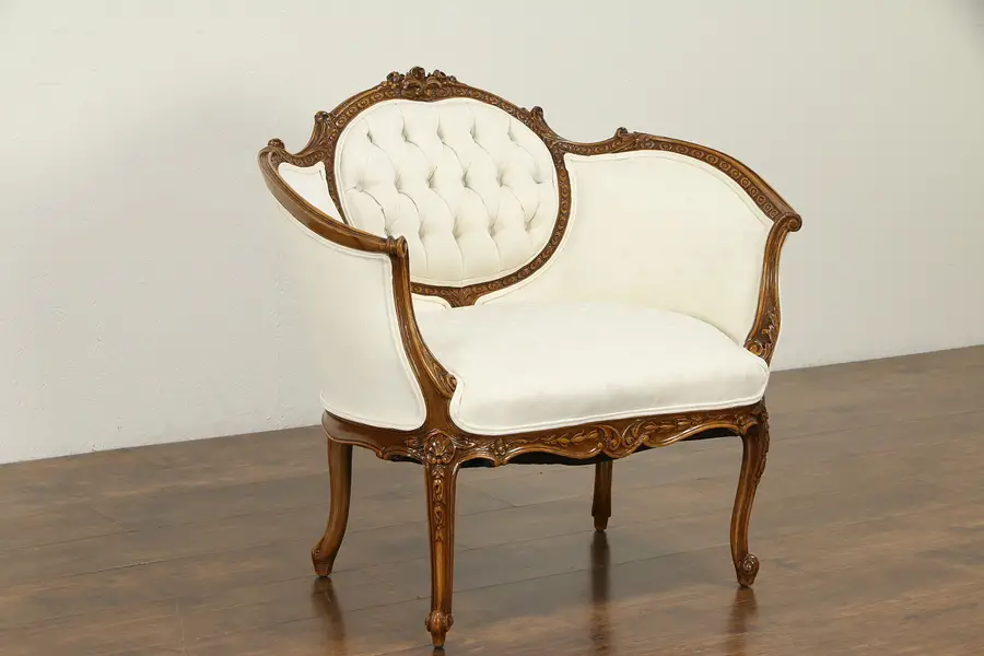 Photo of French Style Carved Vintage Chair, Tufted Upholstery
