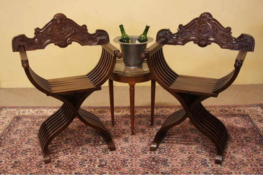 Photo of Pair of Carved Savonarola Italian Folding Chairs