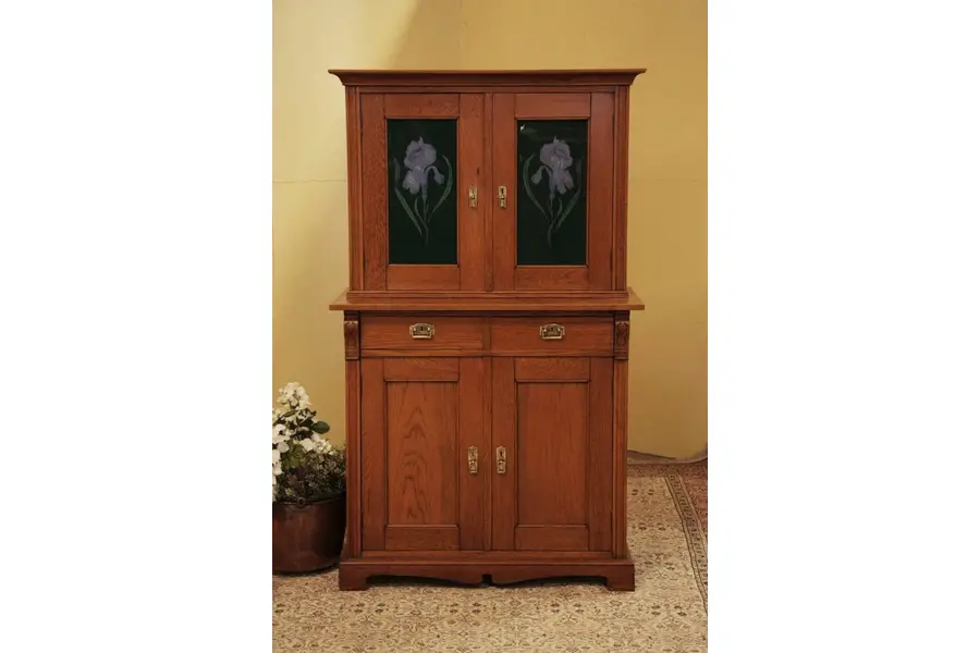 Photo of Art Nouveau Oak Cabinet, Painted Iris Doors, 1910