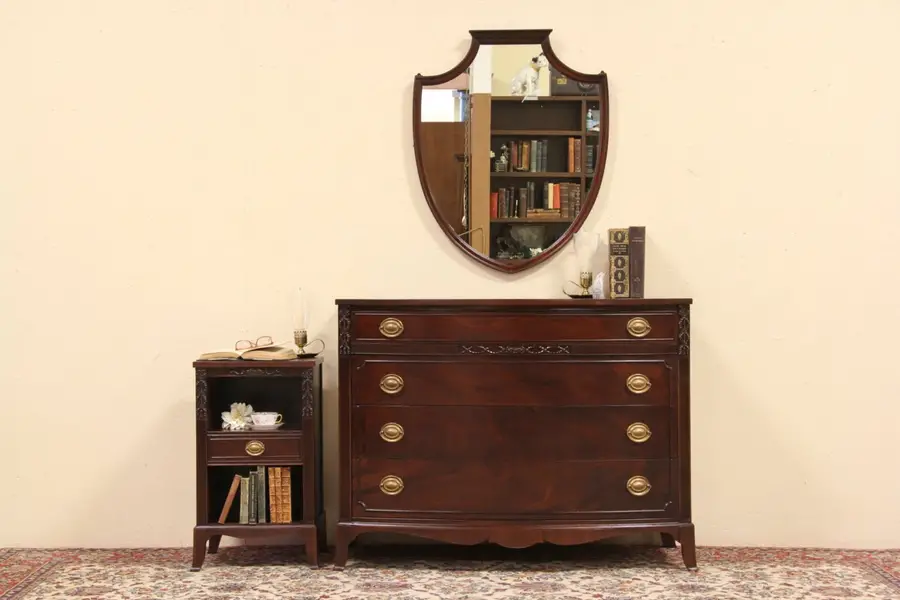 Photo of Federal 1940's Bedroom Set Nightstand, Dresser or Chest & Mirror