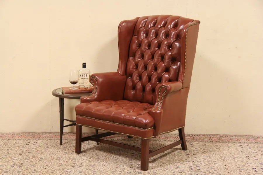 Photo of Hickory Vintage Tufted Leather Traditional Wing Chair