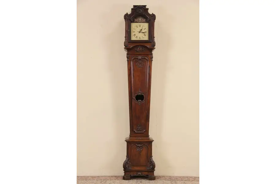 Photo of Country French Long Case Oak 1880 Antique Grandfather Clock, Quartz Movement