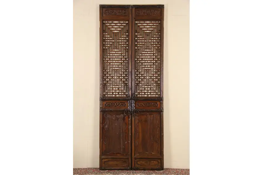 Photo of Pair Chinese Antique 1900 Architectural Salvage Grillwork Doors, Iron Handles