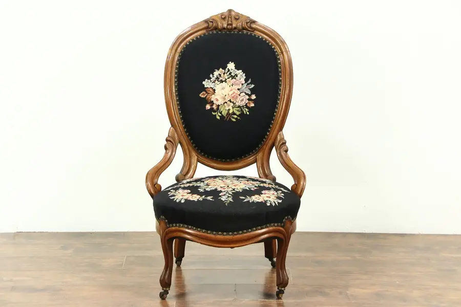 Photo of Victorian Antique 1860 Hand Carved Walnut Chair, Needlepoint Upholstery