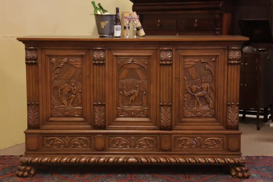 Photo of Triple Oak Cabinet, Carved Scenes, Lion Paws