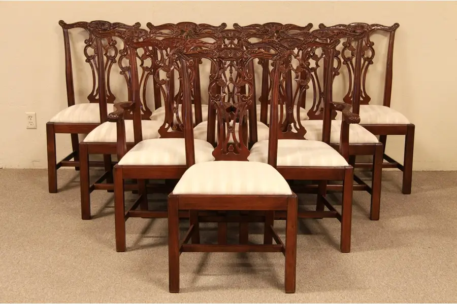 Photo of Set of 10 Pierced and Hand Carved Mahogany Chairs