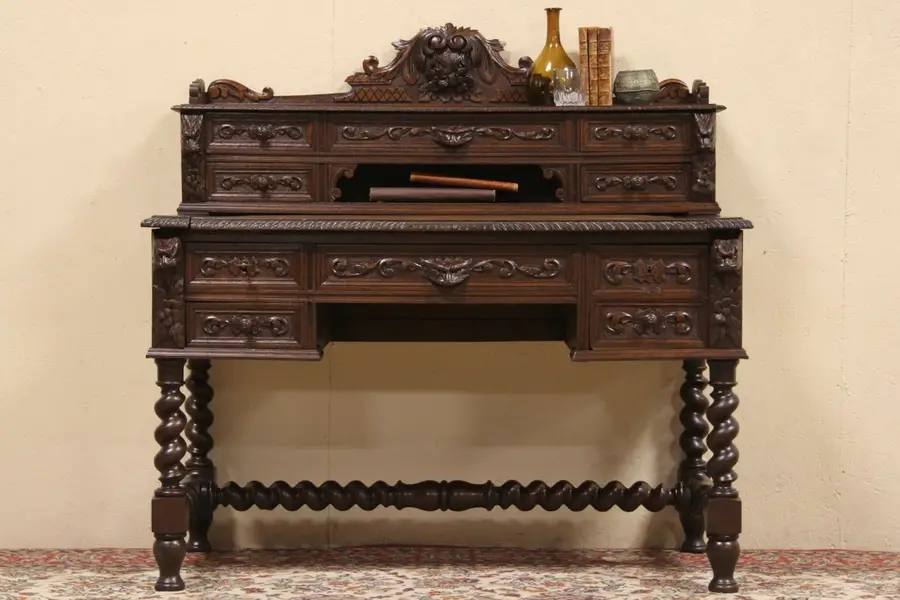Photo of Renaissance Carved 1890 Oak Desk with Griffins, Pull Out Leather Top