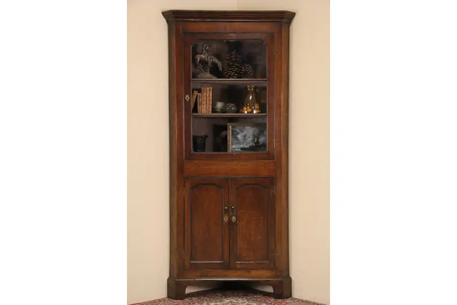 Photo of Oak 1900 Antique English Corner Cabinet, Wavy Glass Door