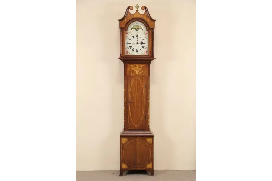 Photo of Joseph Doll Ford Museum Colonial Marquetry Vintage Grandfather Tall Case Clock