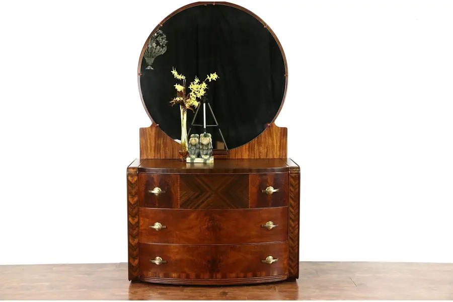 Photo of Art Deco 1930 Vintage Chest or Dresser & Mirror, Matched Burl