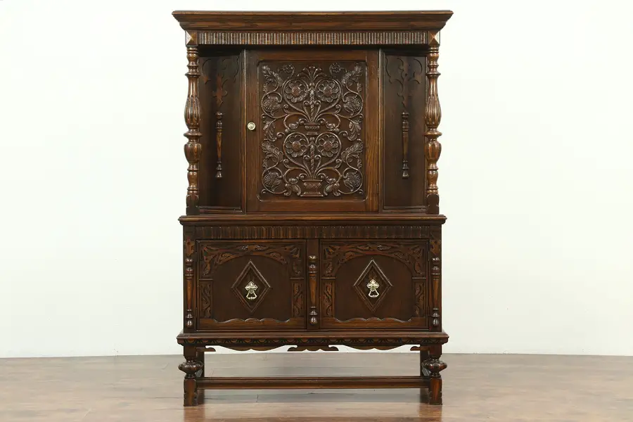 Photo of English Tudor Carved Oak Antique China or Bar Cabinet, Signed Hodell