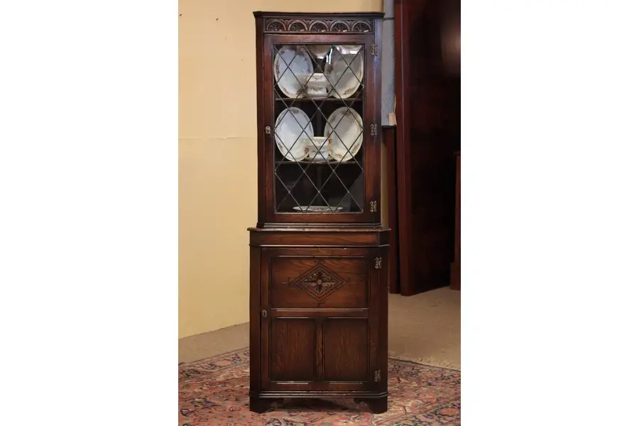 Photo of Carved Oak Corner Cabinet with Leaded Glass 1925