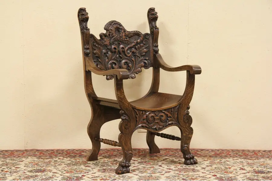Photo of Lion & Dragon Carved Antique Oak Hall or Throne Chair