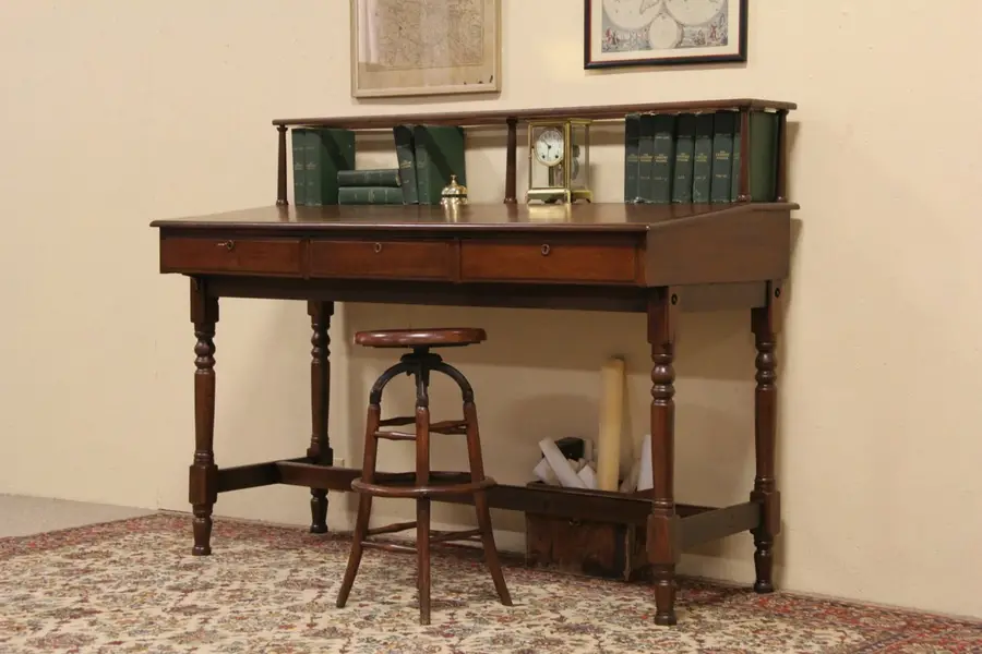 Photo of Banker's Stand Up or Stool Height 1890 Antique Oak Desk
