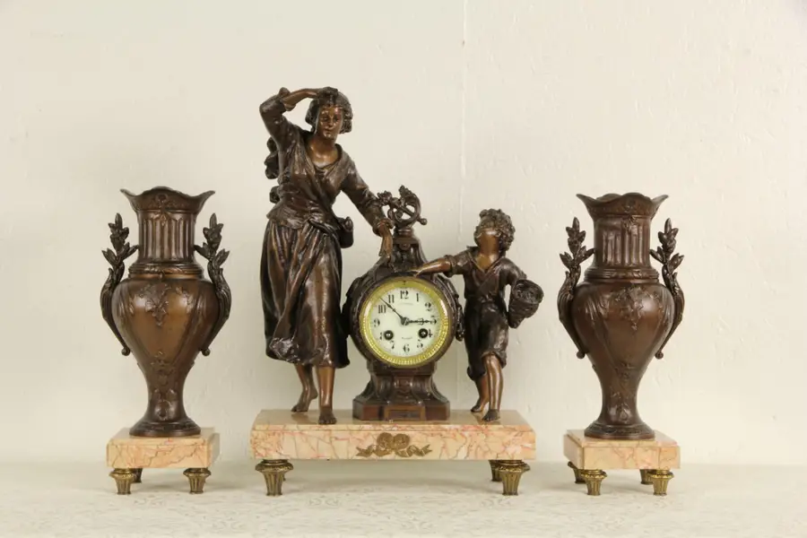 Photo of French Marble Mantel 1890's Antique 3 Pc. Clock Set, Mother & Child Sculptures