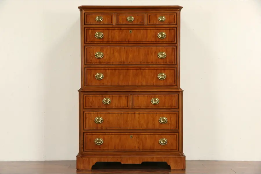 Photo of Drexel Yorkshire Signed Tall Chest on Chest or Highboy Dresser, Yew & Ebony