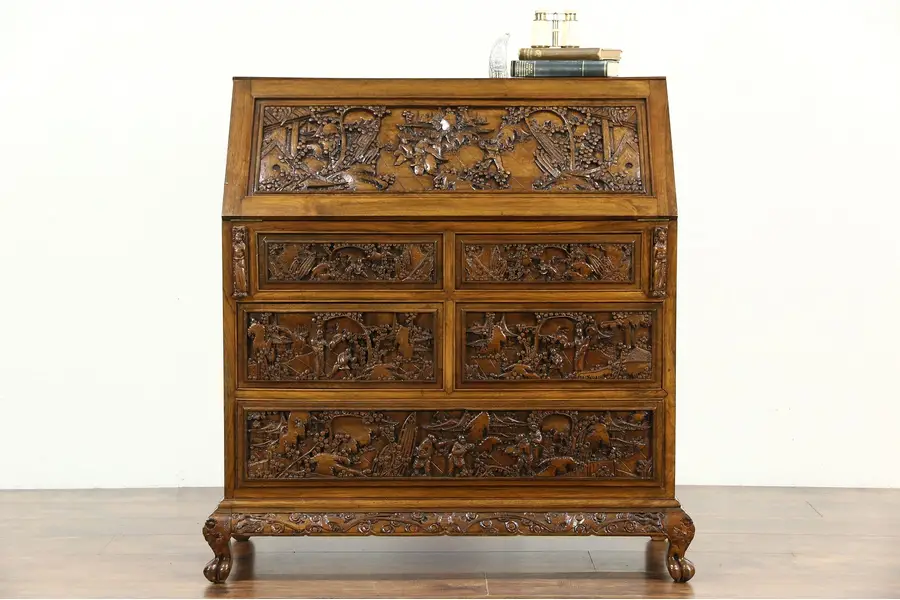 Photo of Chinese Hand Carved Teak 1930's Vintage Secretary Desk