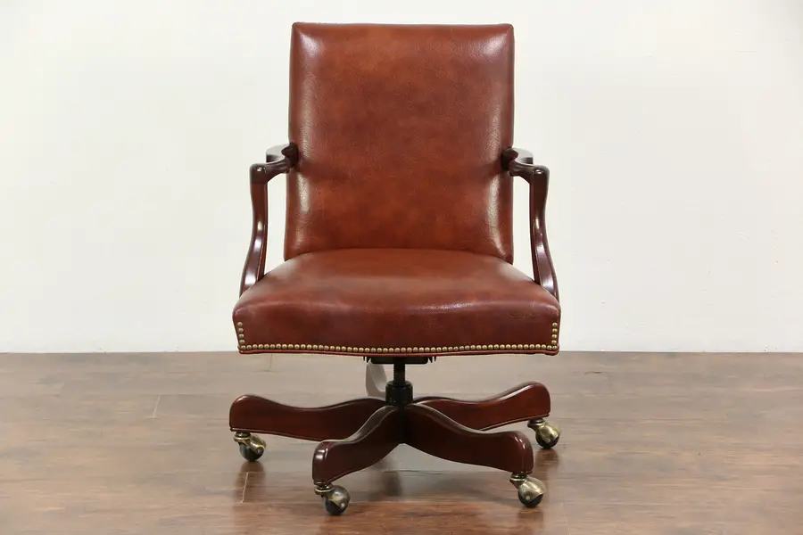 Photo of Leather Swivel Adjustable Vintage Mahogany Desk Chair, Signed Hancock & Moore