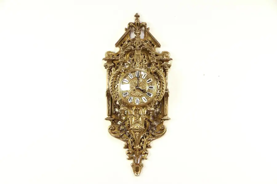 Photo of French Bronze Antique Wall Clock, Enamel Numerals, Signed Mougin