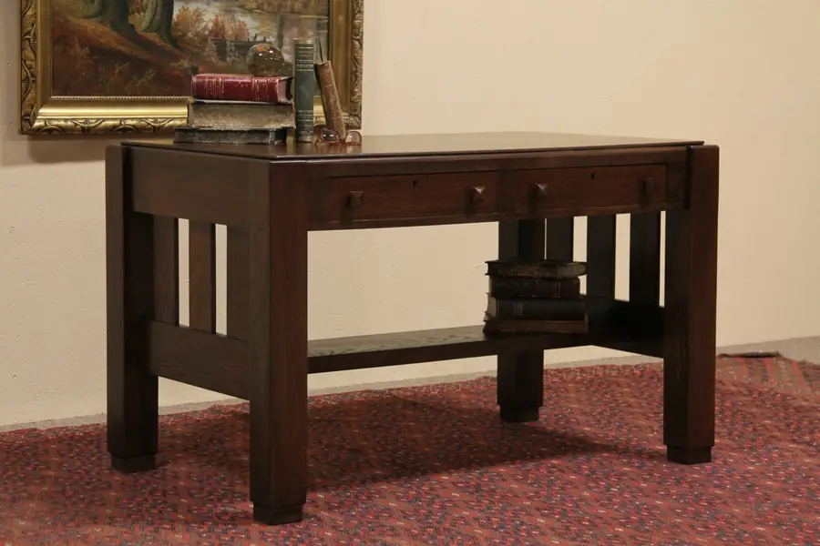 Photo of Arts & Crafts Mission Oak 1905 Antique Library Table Writing Desk