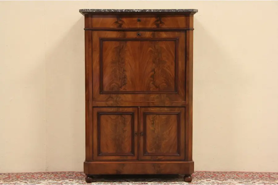 Photo of Biedermeier or Empire 1860 Secretary Desk, Marble Top, Secret Compartments