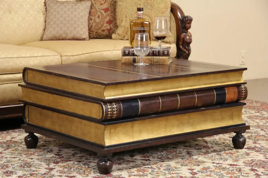 Photo of Maitland Smith Leather & Gold Leaf Book Coffee or Cocktail Table