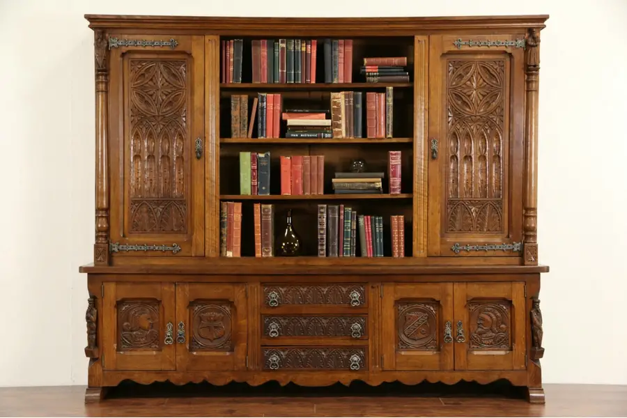 Photo of Gothic Oak 1930's Vintage Dutch Bookcase Library Cabinet, Carved Figures