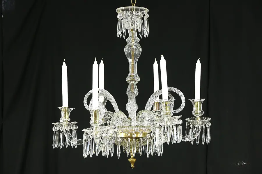 Photo of Crystal Cut Glass 1850's Antique 6 Candle Non Electric Chandelier