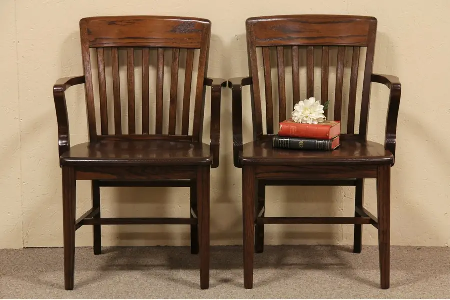 Photo of Pair Antique Oak Bank Armchairs