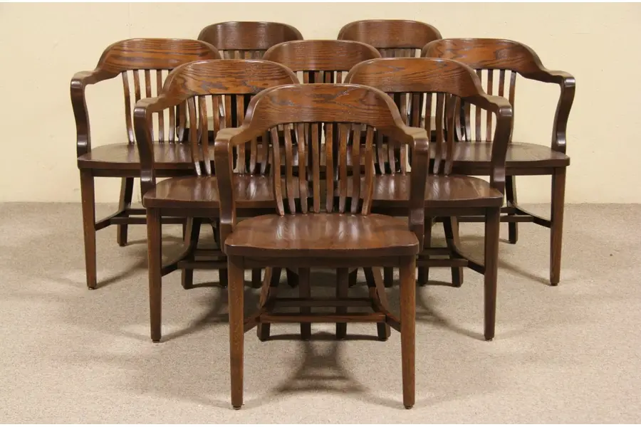 Photo of Set of 8 Vintage Oak Banker Chairs