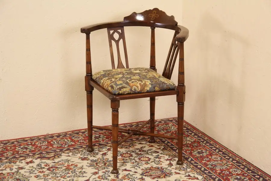 Photo of Maple 1890 Antique Corner Chair, Inlaid Banding, New Upholstery